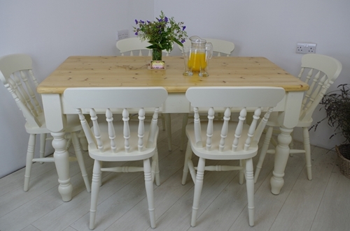 Picture of Pine Farmhouse Table with 2 drawers and 6 Beech Spindle Back Chairs